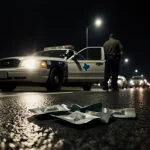 Trooper standing beside stopped car at night with streetlights illuminating scattered meth packets on wet asphalt.