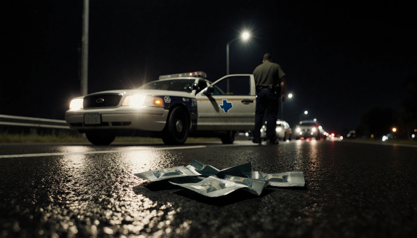 Trooper standing beside stopped car at night with streetlights illuminating scattered meth packets on wet asphalt.