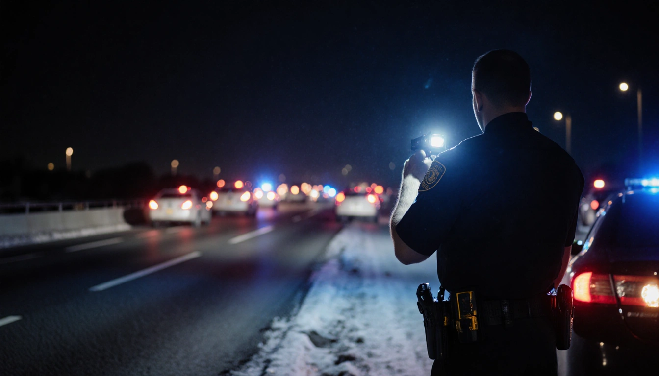 State trooper holding radar gun under spotlight with patrol cars parked on Texas winter highway