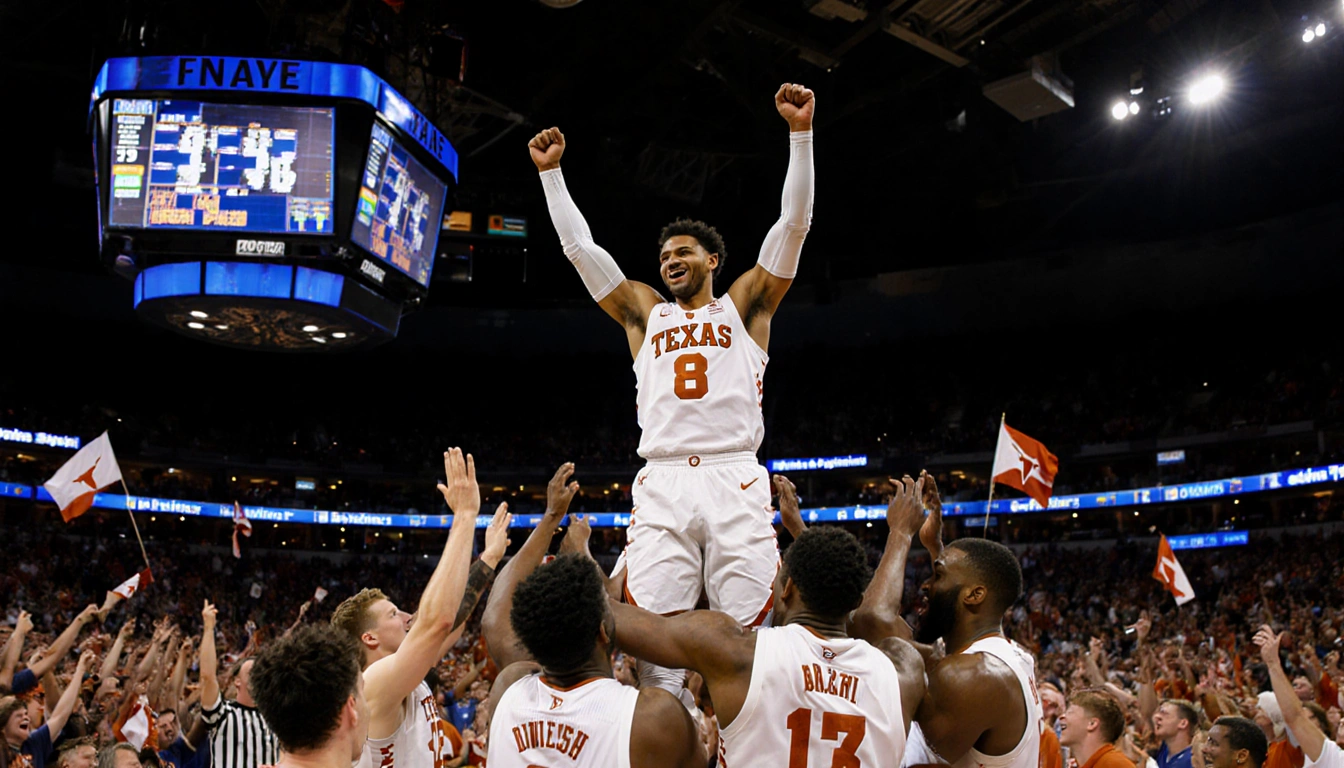 Texas Longhorns player hoisted above teammates with arms raised in victory while fans wave flags in packed arena