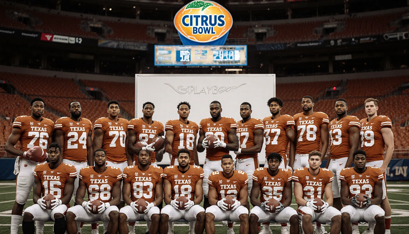 65 Texas Longhorns players holding footballs with a whiteboard showing the Citrus Bowl playbook in the stadium.