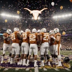 Texas Longhorns football players celebrating around their quarterback with confetti and warm stadium lights Texas logo above