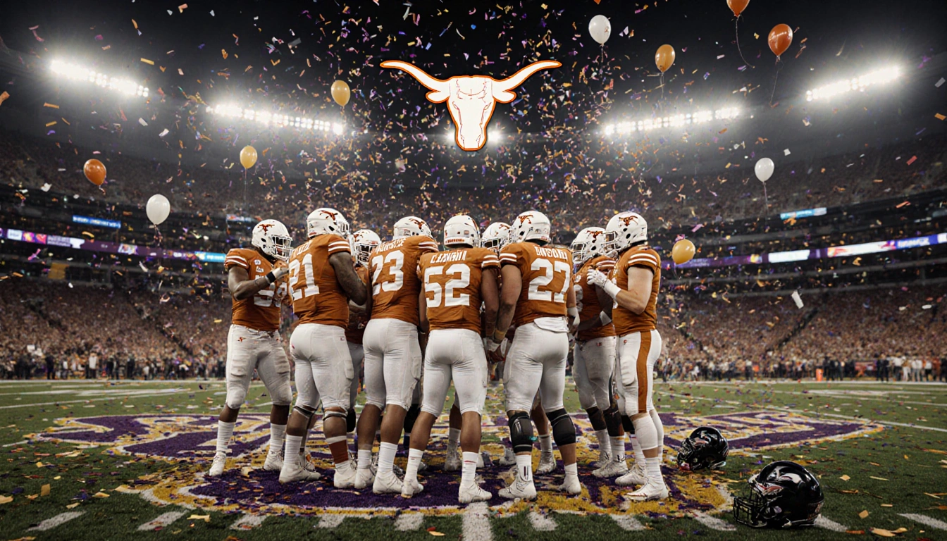 Texas Longhorns football players celebrating around their quarterback with confetti and warm stadium lights Texas logo above