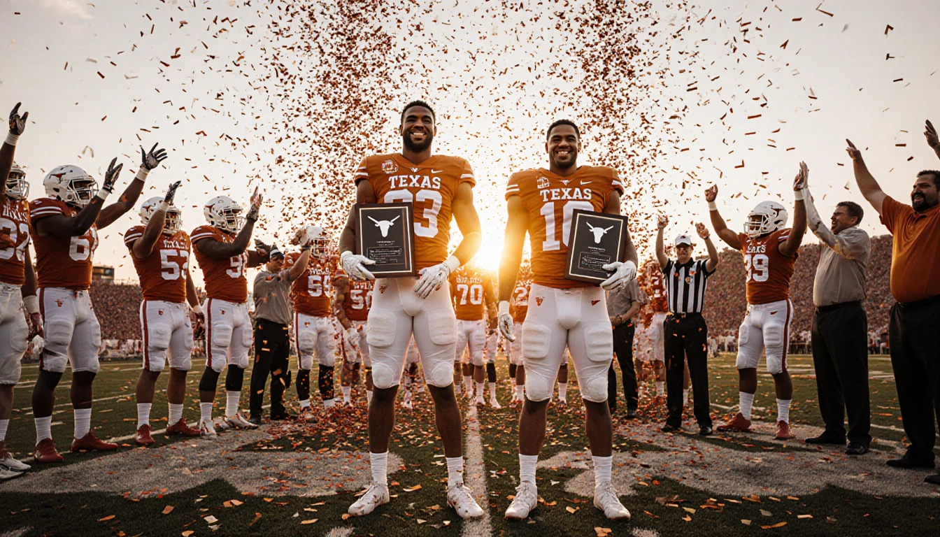 Anthony Hill Jr. and Michael Taaffe hold trophies while confetti falls on a burnt orange football field at sunset