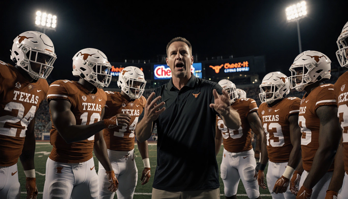 Texas Longhorns linemen practicing block with Coach Kyle Flood under stadium lights and Citrus Bowl logo at night