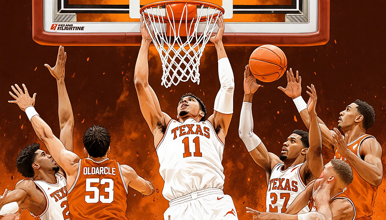 Oldacre scores in the paint with towering teammates and a soaring hoop showing Texas Longhorns offense and energy.