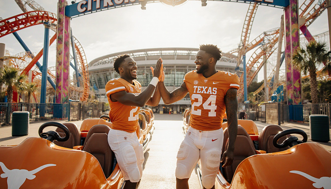 Two Texas Longhorns players laughing and high‑fiving with colorful roller coaster cars and Orlando amusement park backdrop