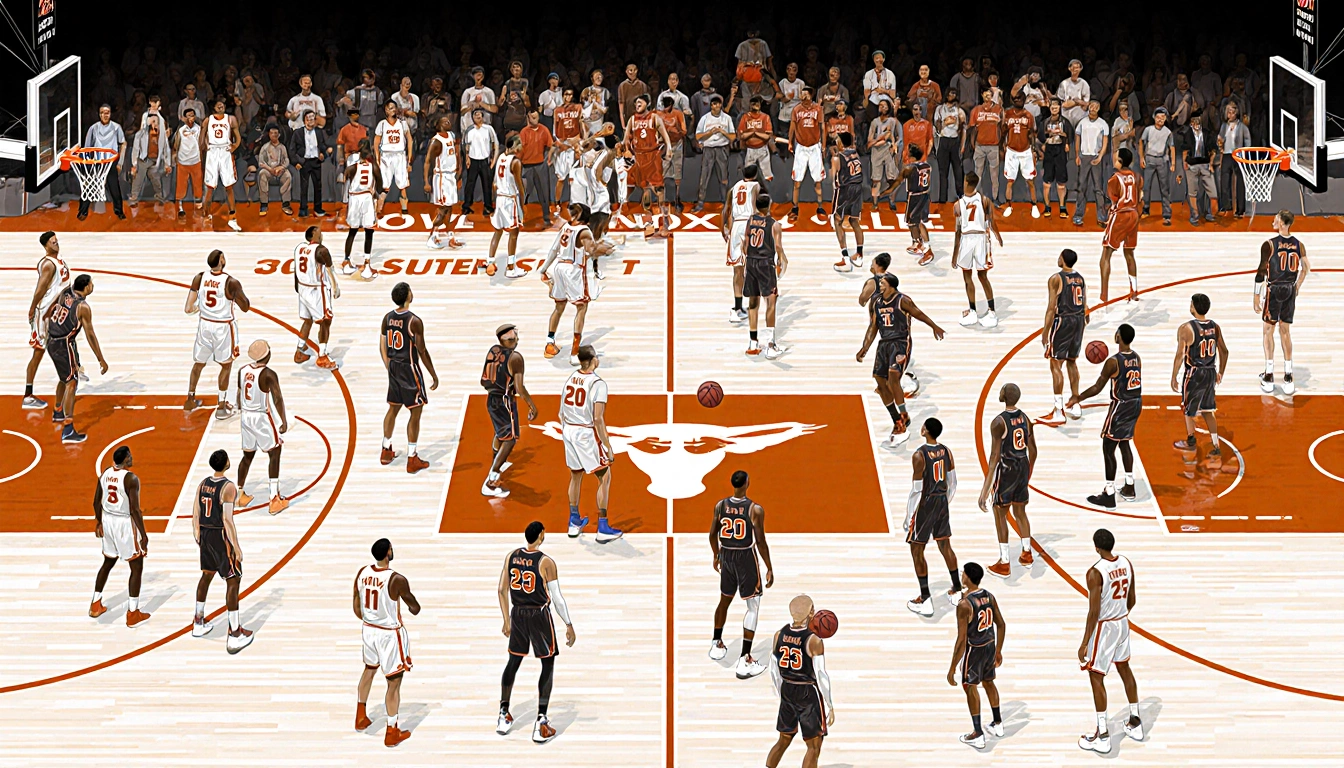 Texas Longhorns players dominate paint with towering formations and dynamic movement.