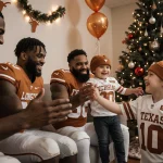 Texas Longhorns football stars high‑fiving young NICU patients with festive holiday lights and Christmas tree glow