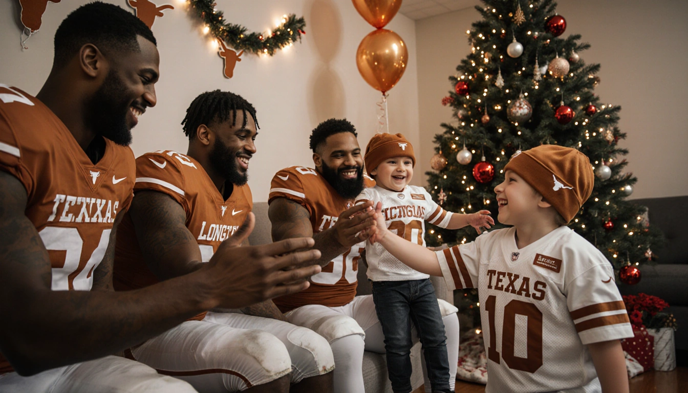 Texas Longhorns football stars high‑fiving young NICU patients with festive holiday lights and Christmas tree glow