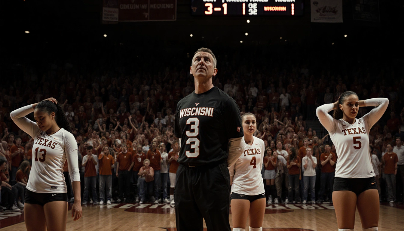 Longhorns players standing with disappointed faces and the 3‑1 scoreboard behind them in a dim gym.