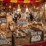 Texas market stall overflows with peach cobbler and Texas blue topaz and petrified palmwood crates