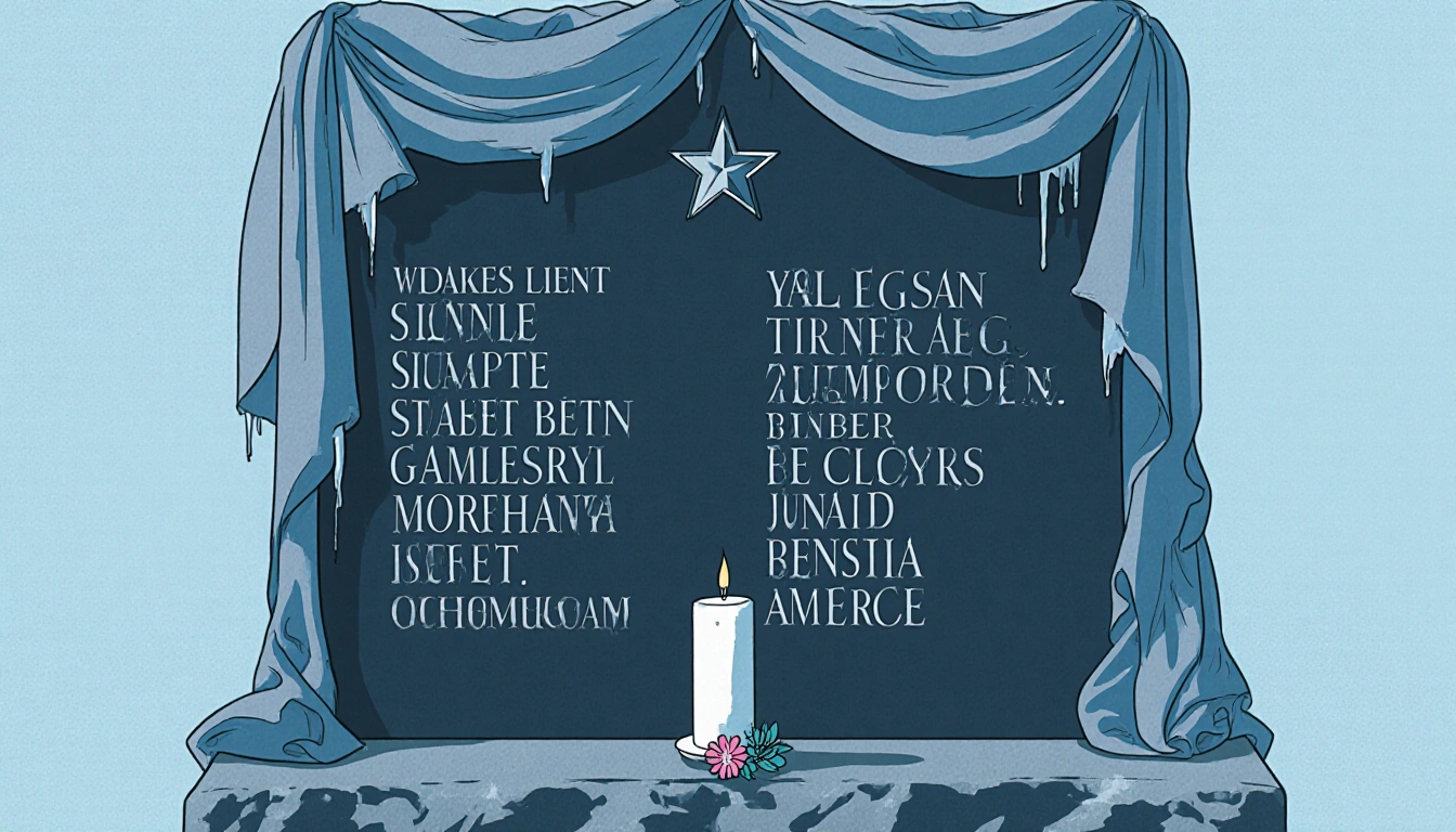 Memorial headstone lists fallen Texans with names etched and a single candle at its base amid muted blue background