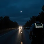 Police officer stands beside a crashed car with a lone vehicle