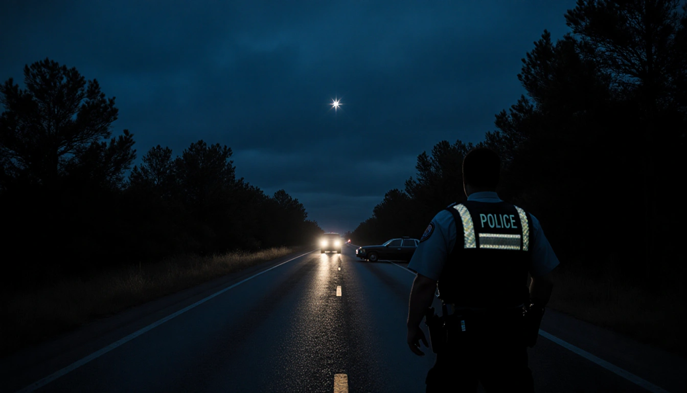 Police officer stands beside a crashed car with a lone vehicle