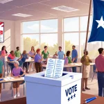 Voters casting ballots with an open ballot box and Texas flag waving beside a live election results screen