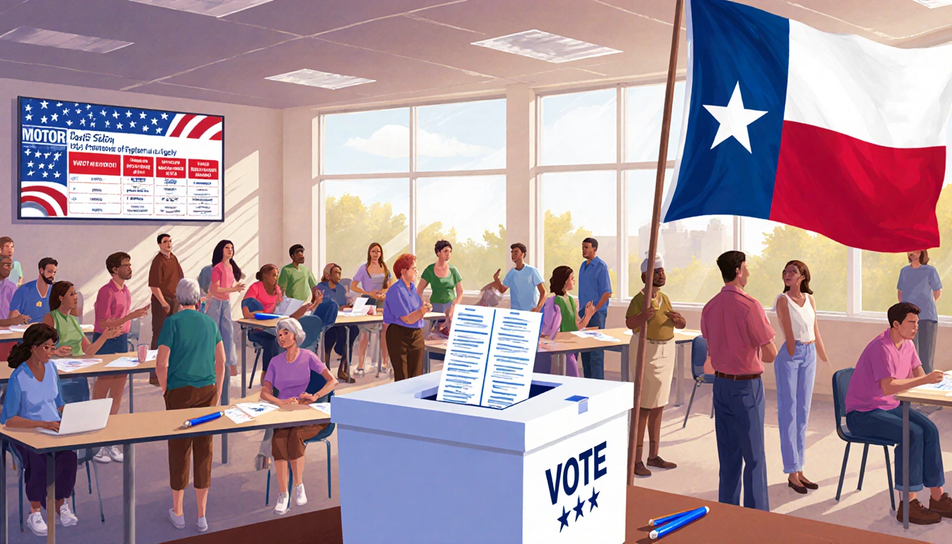 Voters casting ballots with an open ballot box and Texas flag waving beside a live election results screen