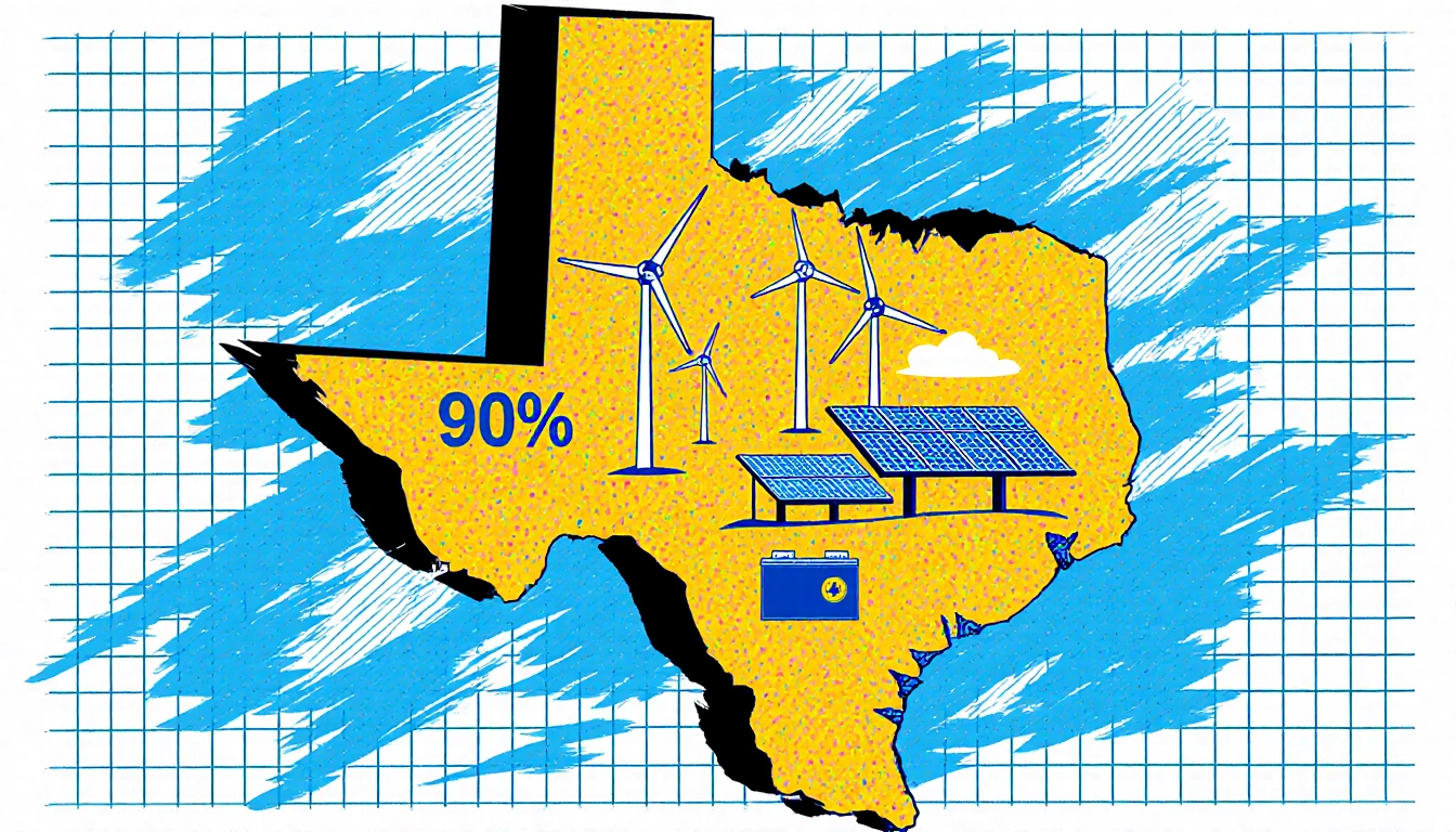 Solar panels and wind turbines form a grid on Texas backdrop with batteries linking them and showing winter storm clouds