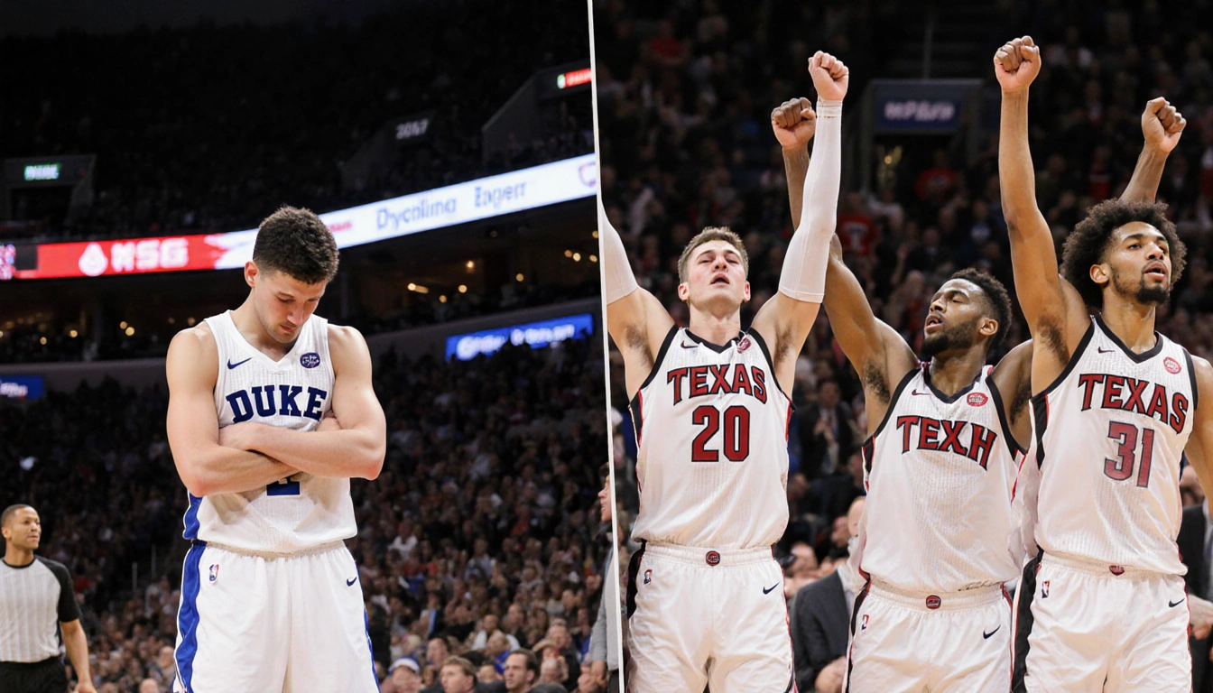 Duke players slump while Texas Tech lifts arms triumphantly with Madison Square Garden backdrop.