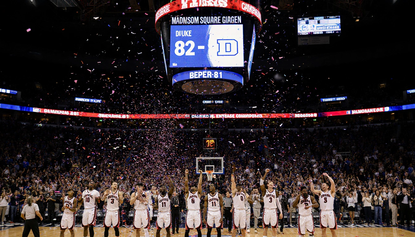 Texas Tech players celebrating win with scoreboard 82-81 and confetti while fans cheer in Madison Square Garden