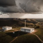 Two mesonet stations stand on Hill Country hills in Texas with heavy clouds overhead near Camp La Junta