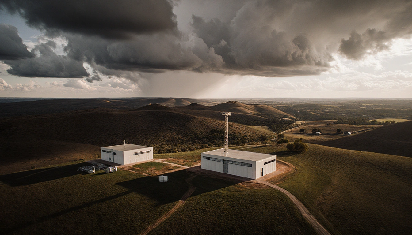 Two mesonet stations stand on Hill Country hills in Texas with heavy clouds overhead near Camp La Junta