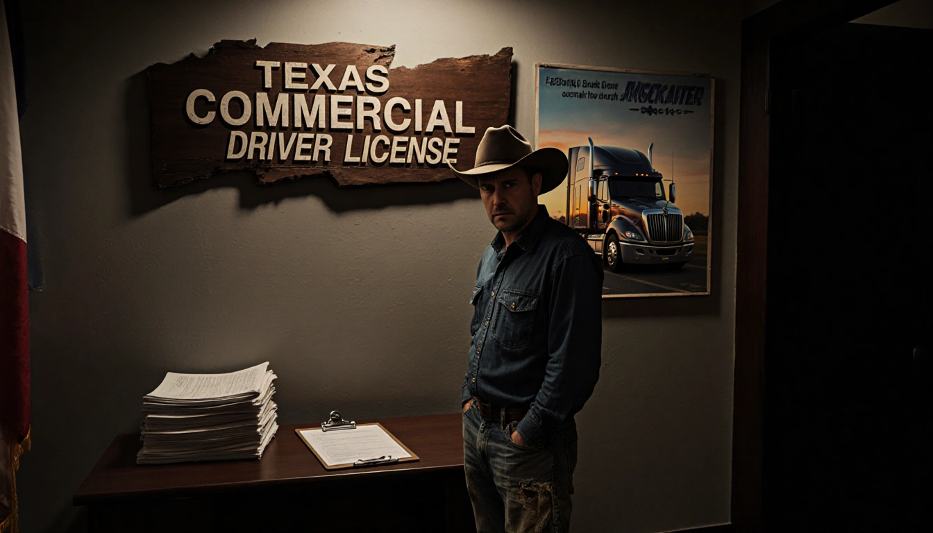 Truck driver looking concerned with crooked wooden sign and abandoned grant documents near a faded semi‑truck poster.