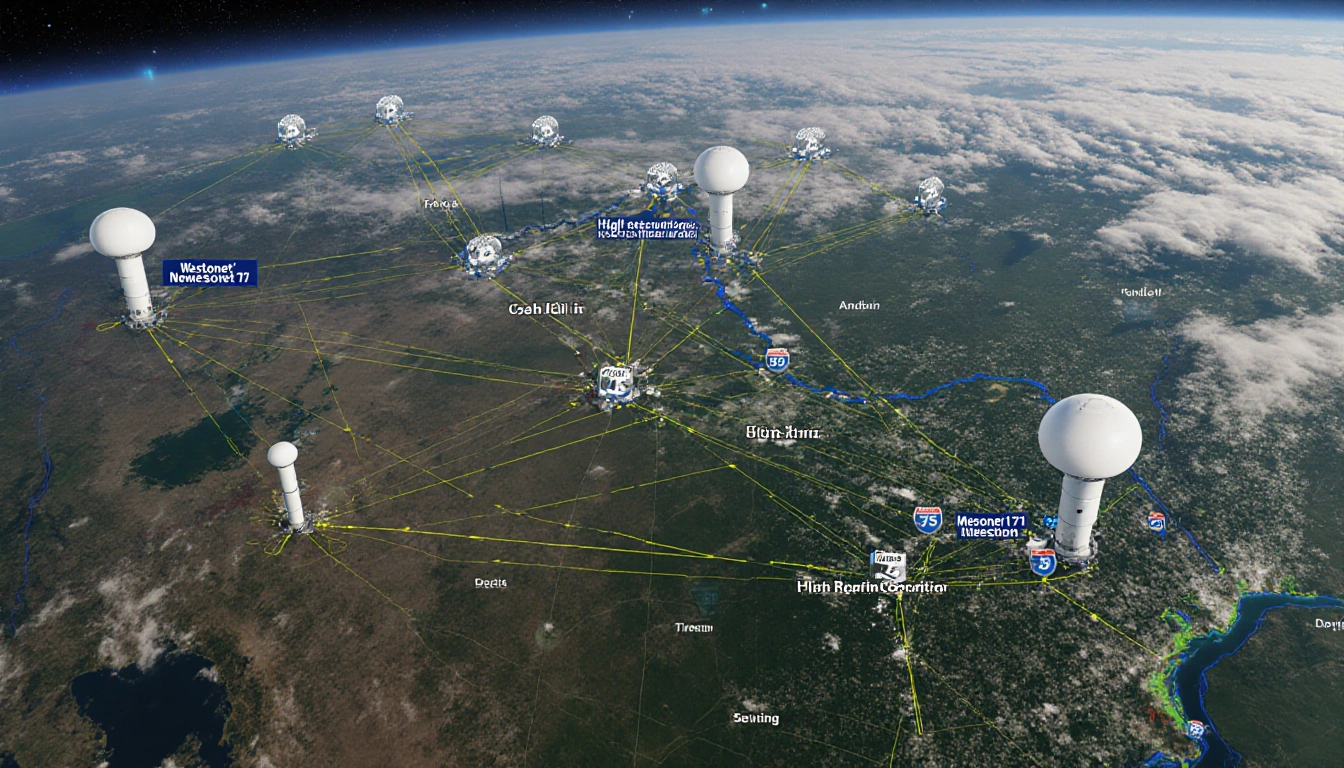 Aerial map showing Texas weather stations expanding with new stations and three cylindrical radars
