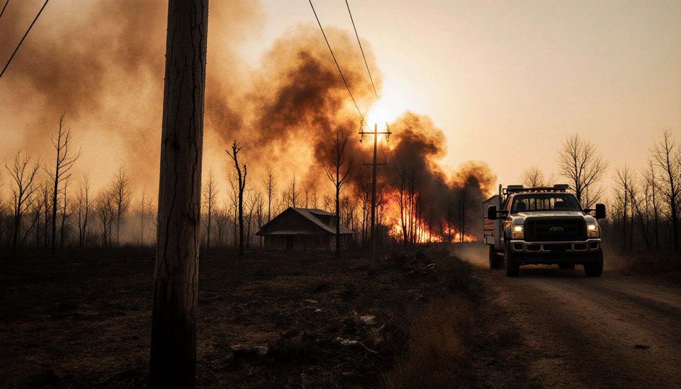 Destroyed farmhouse stands with a power pole as a Texas wildfire rages behind fire and ash drifting in the sunset.