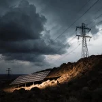 Solar panels glow with stormy clouds over rugged Texas hillside showing renewable energy resilience.