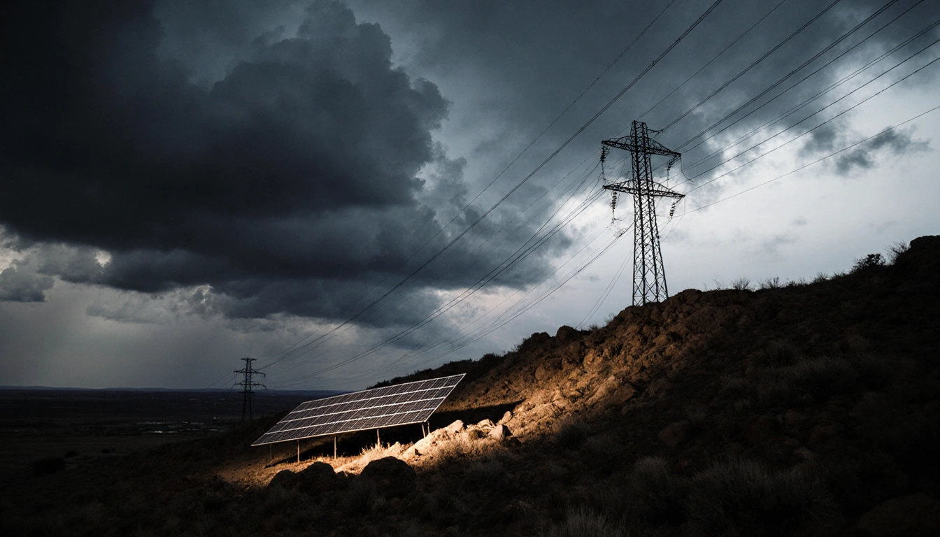 Solar panels glow with stormy clouds over rugged Texas hillside showing renewable energy resilience.