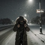 Lone figure standing under streetlight with winter storm snow and faded Austin sign in wind