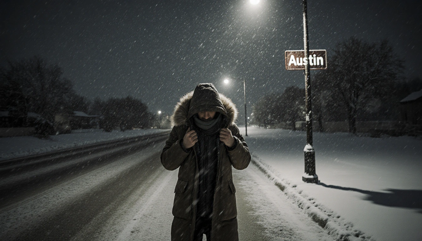 Lone figure standing under streetlight with winter storm snow and faded Austin sign in wind