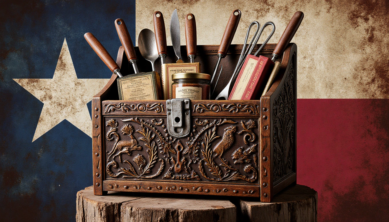 Antique toolbox overflowing with cooking implements and Texas carvings on pedestal beside Texas flag.