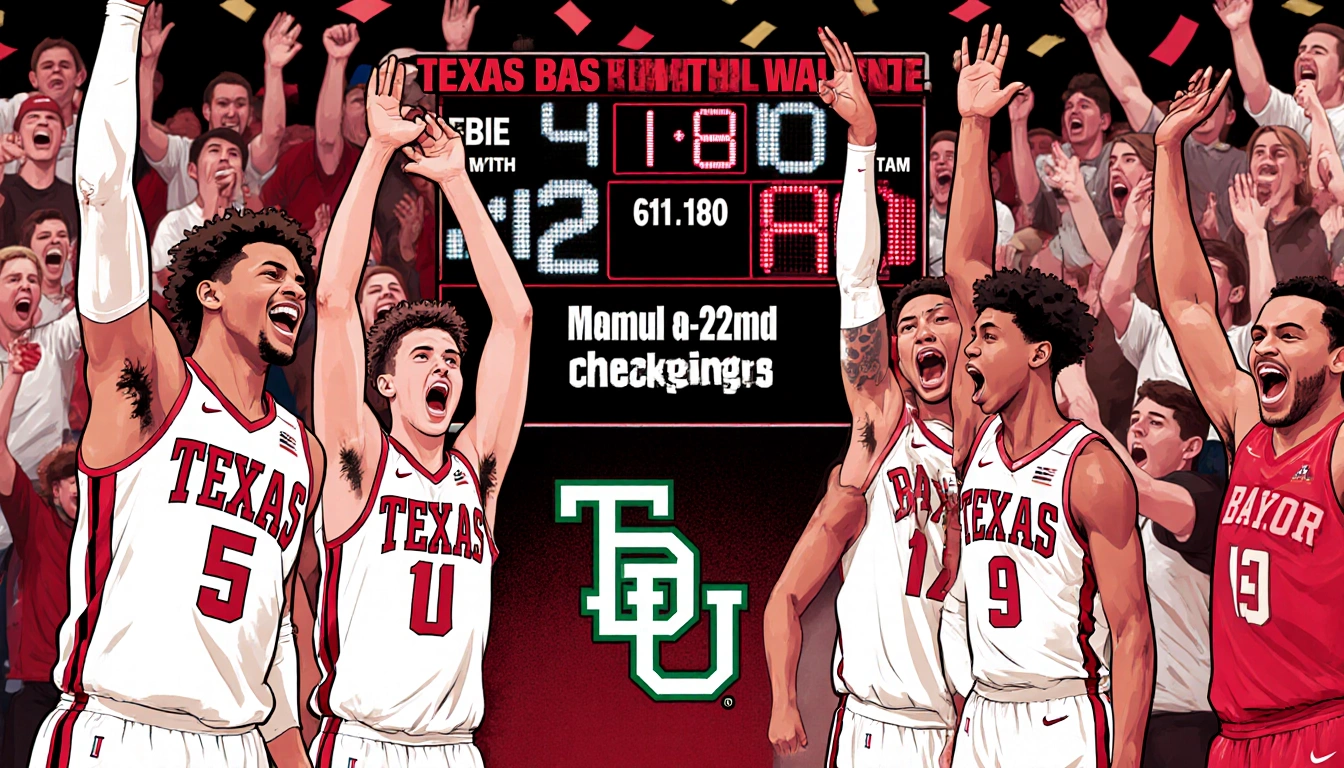 Texas Tech basketball players celebrating around scoreboard with red and white colors crowd behind with Baylor logo at bottom
