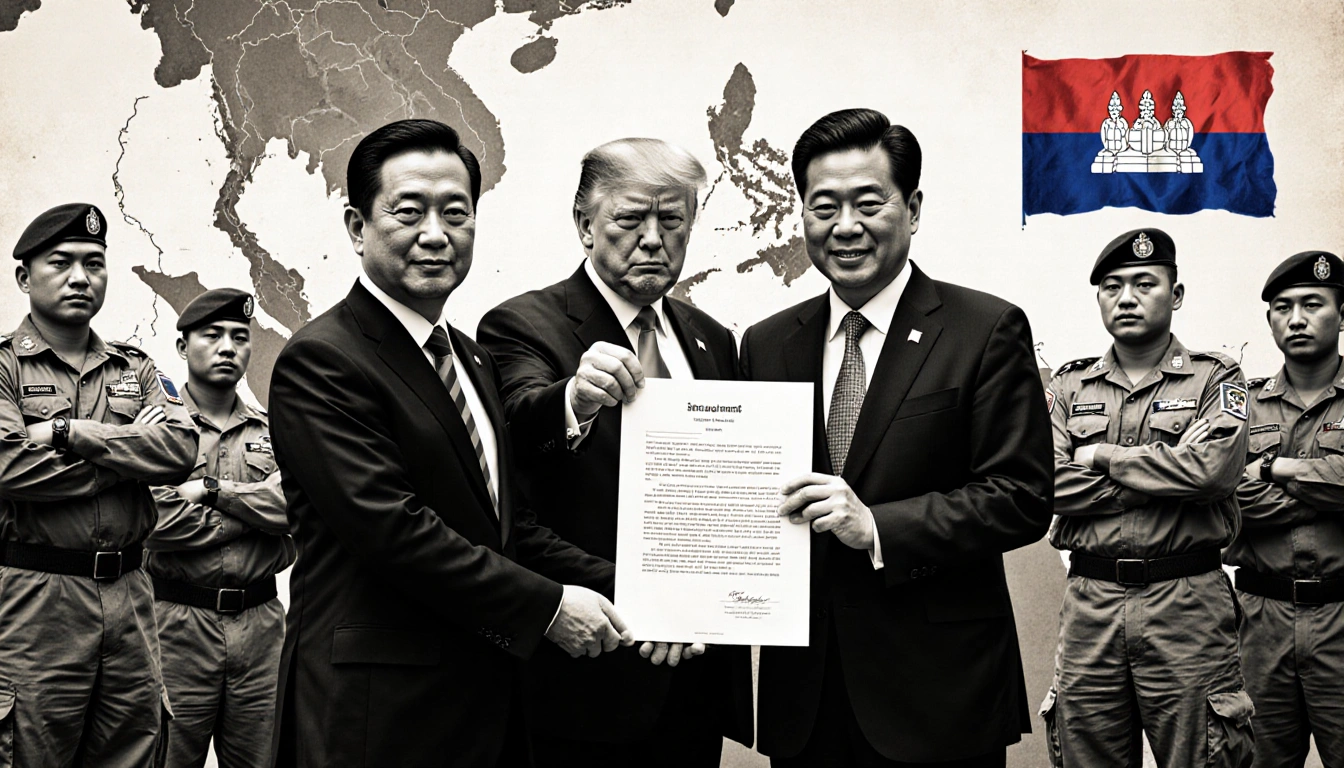Leaders hold hands with ceasefire document amid tense disputed territory standoff with Thai and Cambodian soldiers.