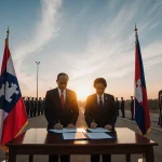Thai and Cambodian officials signing ceasefire agreement with flags of both nations and guards watching in border zone.