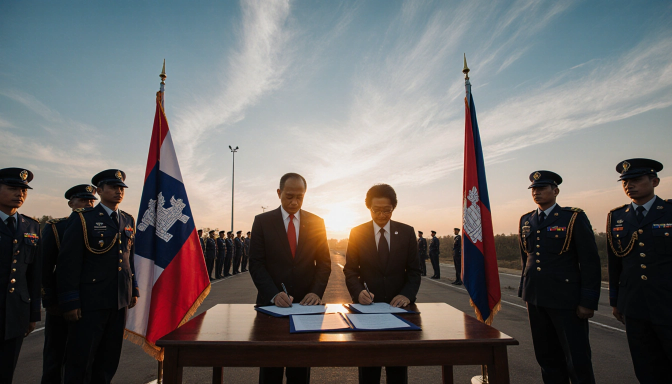 Thai and Cambodian officials signing ceasefire agreement with flags of both nations and guards watching in border zone.