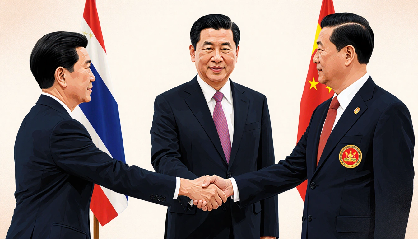 Thai minister Sihasak Phuangketkeow shaking hands with Chinese diplomats with flags and seals on sleeves in a neutral backgro