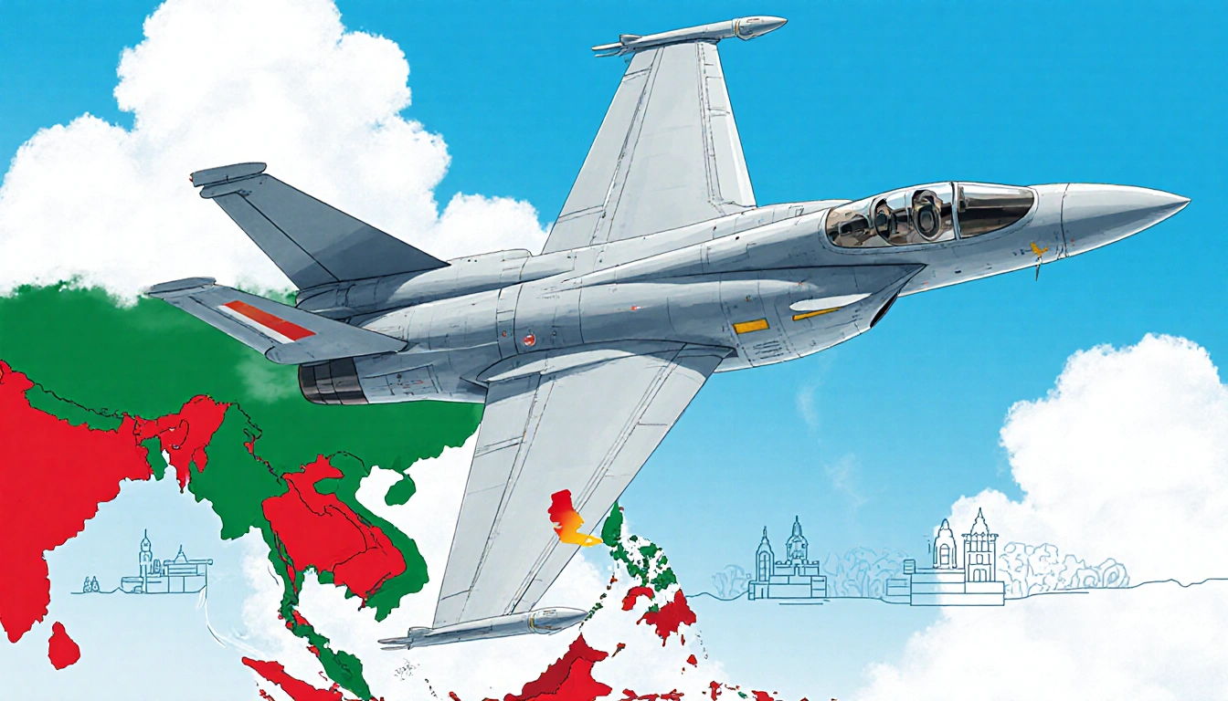 Thai fighter jet flying over blue sky with white clouds and map of Southeast Asia showing Thailand red and Cambodia green