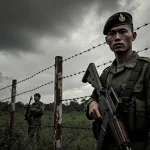 Thai soldier standing defiantly with rifle beside rusted barbed wire border under jungle sky with Cambodian soldier behind