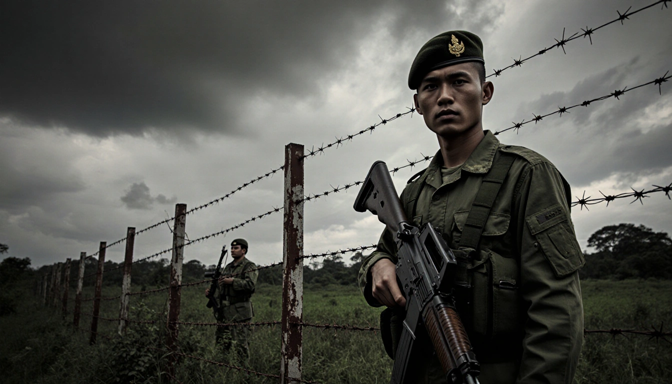 Thai soldier standing defiantly with rifle beside rusted barbed wire border under jungle sky with Cambodian soldier behind