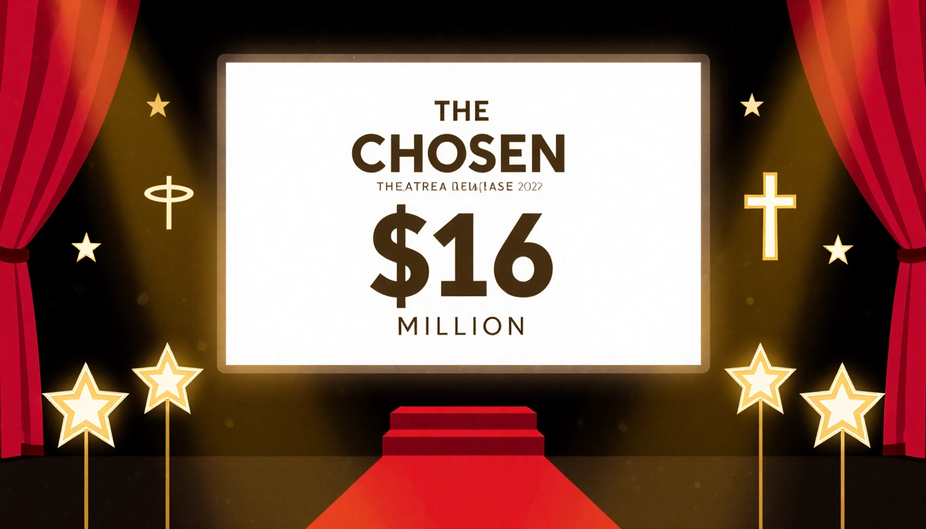 Theater screen shows box office report with $116 million in gold light with Hollywood stars and red carpet and cross