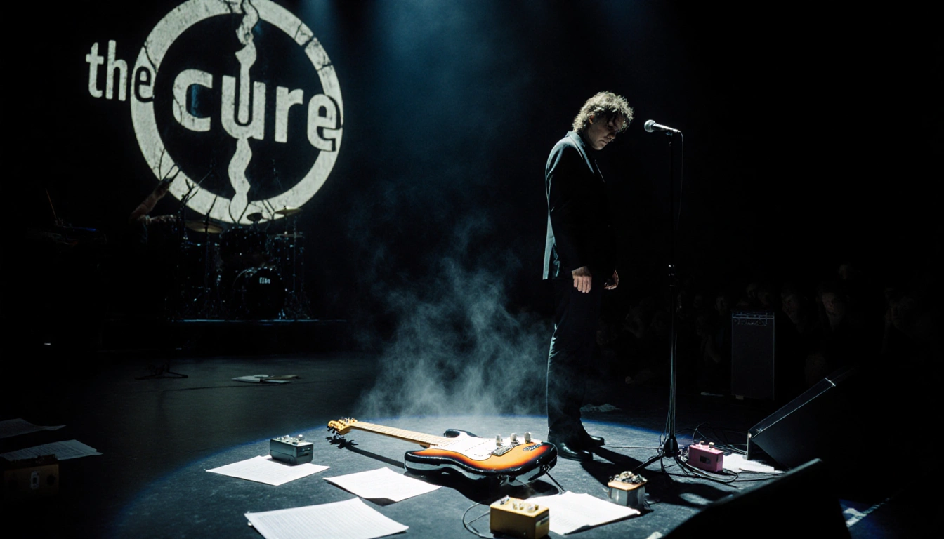Robert Smith standing at microphone with abandoned guitar and mist, The Cure logo backdrop