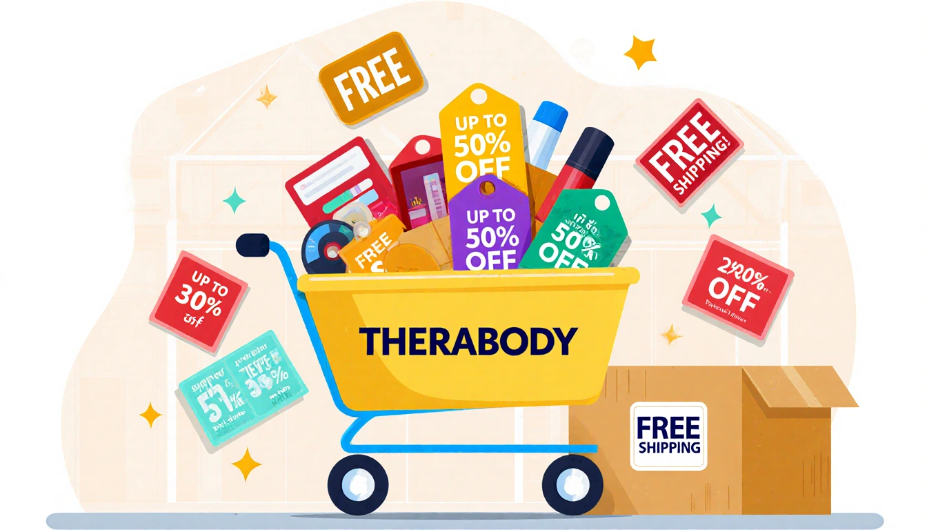 Shopping cart overflowing with Therabody items with price tags up to 50% off and free shipping sticker