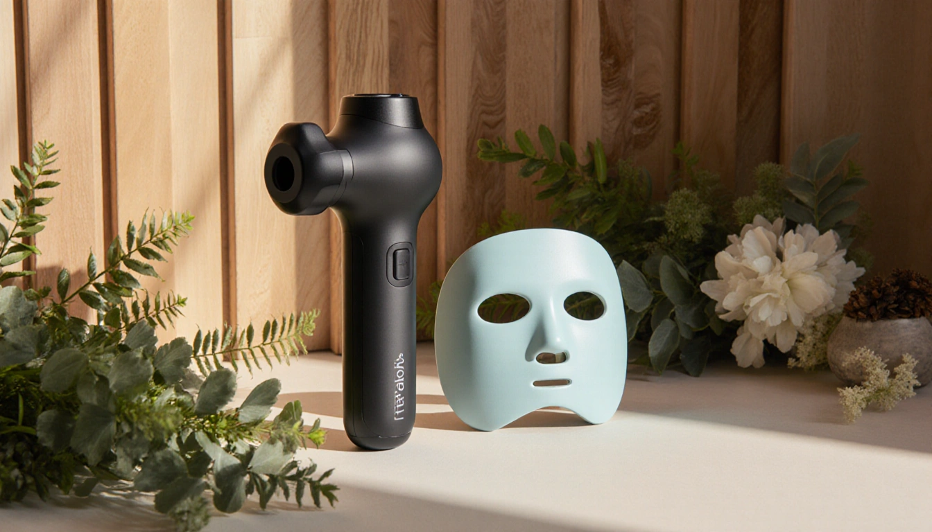 Theragun Prime rests on natural wood surface with lush greenery creating a wellness vibe