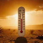 Thermometer points to +45°C with a golden sunset background and wilted palm fronds.