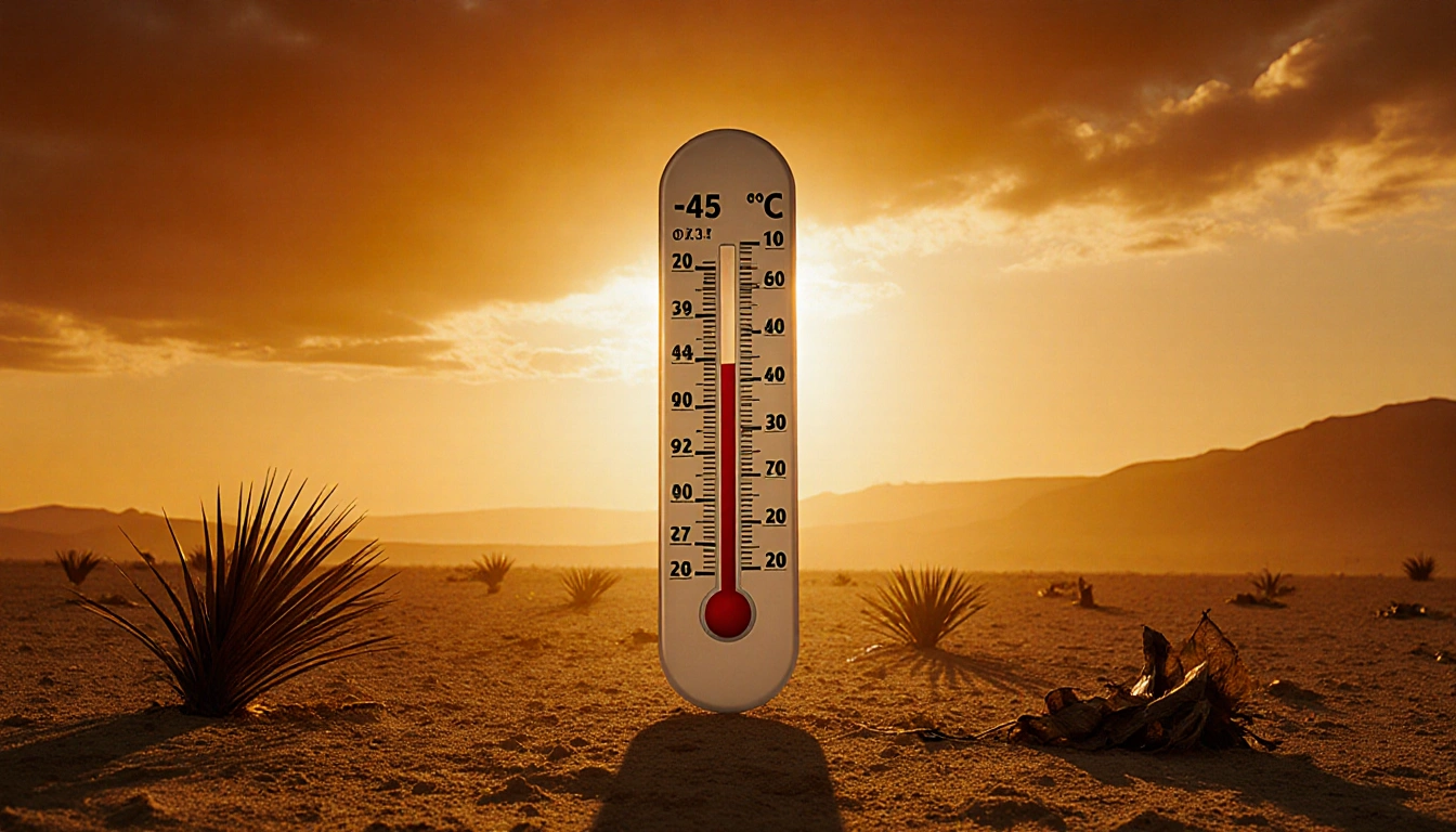Thermometer points to +45°C with a golden sunset background and wilted palm fronds.