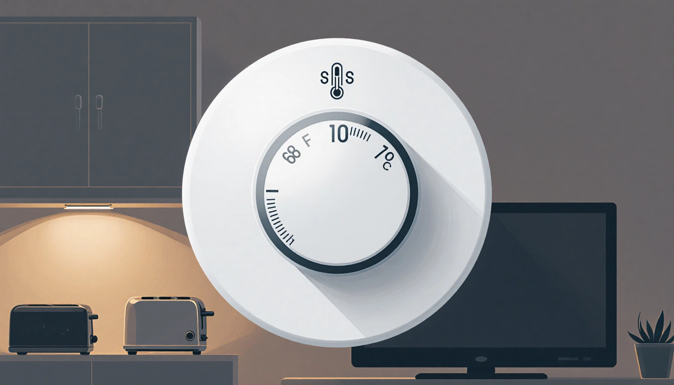 Thermostat shows 68°F and 70°F with a thermometer icon for optimal and room with toaster and TV indicating energy use