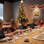 Children decorating gingerbread with colorful sprinkles while holiday lights glow and snow falls outside museum windows